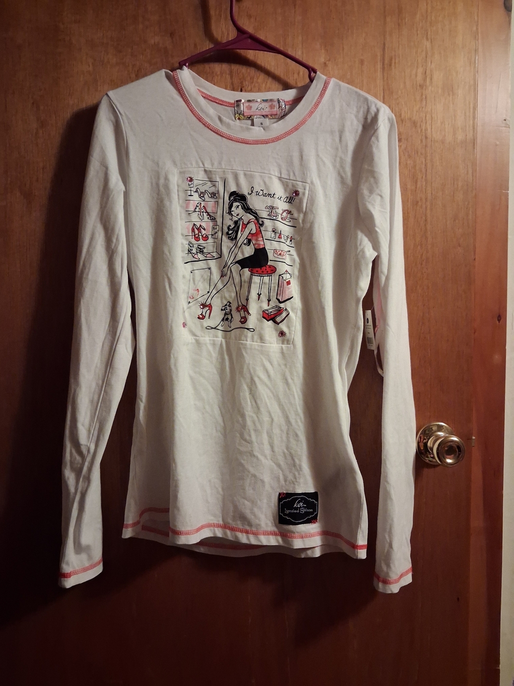 koi White Long-Sleeve Tee with Pink Accents and Shoe Graphic